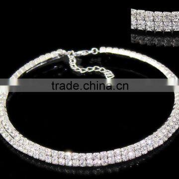 shiny silver color 2 rows clear crystals/rhinestones elastic claw choker collar necklace