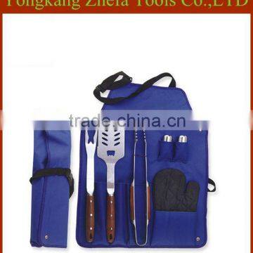 wood handle apron /glove/ tong;/spatula/fork bbq apron tool set                        
                                                Quality Choice