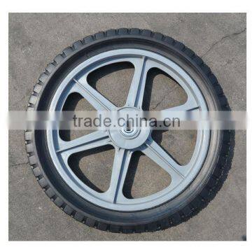 14x1.75 inch semi pneumatic rubber wheel with diamond tread and gray plastic rim for mowers or material handling equipment