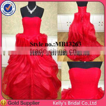 2015 new arrival red scoop neckline ruffle sweep train long chiffon evening dress