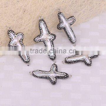 Natural Freshwater Pearl Cross Beads, with Pave Crystal Pearl Druzy Gem stone Connectors For Jewelry