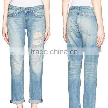 2014 100% Cotton Washed Distressed Hot Boyfriend Denim Pant Light Blue Women Jeans Wholesale Price China