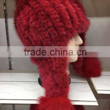 korea style fashion women mult color kintted mink fur hat with pompoms