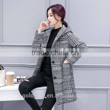 2016 Winter Ladies Black Long Plaid Wool Coat for Women and Ladies photo-3