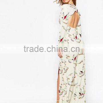 2015 China Factory OEM ODM Fashionable Customized Painterly Bird Print Jumpsuit With Thigh Splits photo-3