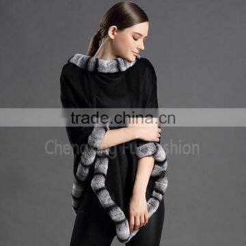 CX-B-P-58A Fashion Super Quality Latest Genuine Rex Rabbit Trim Pashmina Shawl photo-3