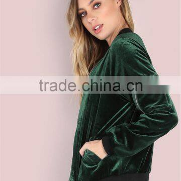 Women Smooth Velvet Bomber Jacket Hunter Green Zip Up Coat With Ribbed Cuff And Collar photo-4