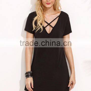 Black Deep V Neck Criss Cross Dress Polyester Spandex Summer Short Sleeve Casual Plain Short Dress photo-3