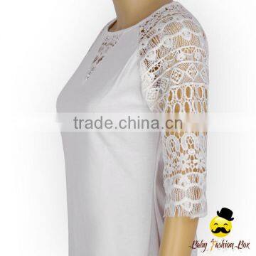 Wholesale Western Women Transparent Lace Floral Half Sleeve Cotton Harem Raglan Lady Modern Shirt Top Blouse photo-3