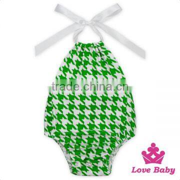 Wholesale Boutique Clothing China Green Houndstooth Pattern Printed Halter Sleeveless Design BabyGirl Floral Romper