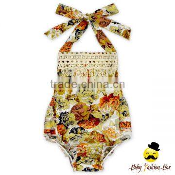 White And Blue Little Flower Printed Halter Fringe Model Design Infant Newborn Clothes Baby Girl Floral Ruffle Romper Vintage photo-4