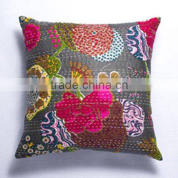 Grey Kantha Pillow Cover Indian Floral Pillow Handmade Throw Pillow 16X16 photo-4