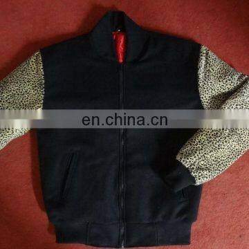 manufacturer of suede varsity jackets/Suede Leather Jacket with Leopard print sleeves