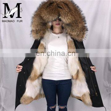 High Quality New Lovely Parka Genuine Raccoon Fur Hood Jacket Real Wolf Fur Parka