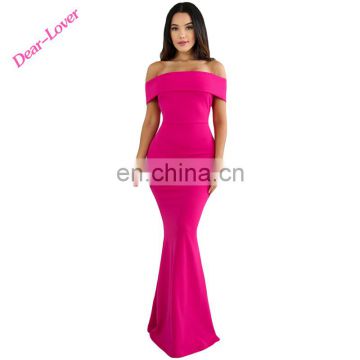 Rosy Foldover Off Shoulder Short Sleeve Slinky Sexy Slit Long Party Dresses