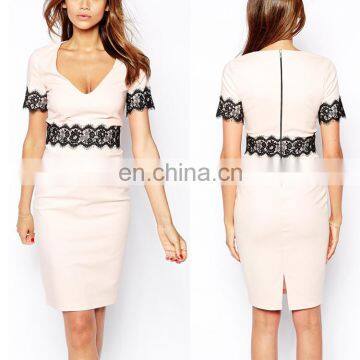 2016 Fashion Paper Dolls V Neck Formal Pencil Dress with Lace Waist