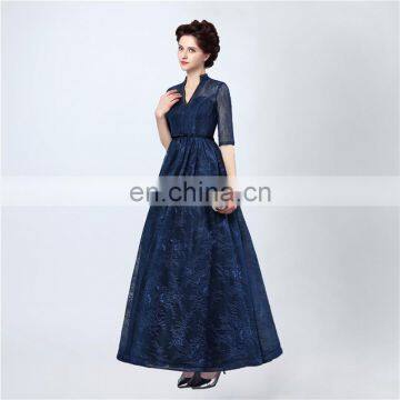 Elegant Deep Blue A line Lace-up V-line Floor-length Lace Bow Formal 1/2 Long Sleeve Party Evening Dresses