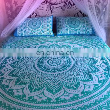 Indian Mandala Sea Green Duvet Cover Ethnic Quilt Covers Hand Screen Printed Doona Cover Blanket With Pillow Cover