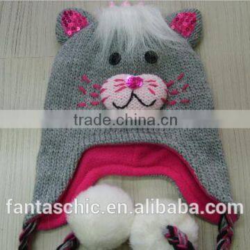 High Quality Custom cute animal acrylic knitted winter hat with pom poms for kid