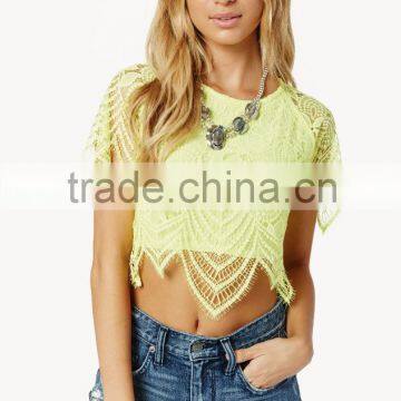 Fancy Ladies Tops Latest Design 2015 Wholesale Neon Lemon Lace Crop Tops for Women photo-2