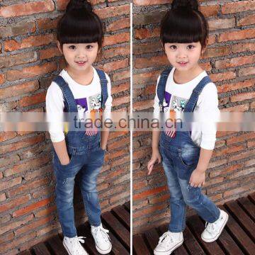 Children denim suspender trousers , 100% cotton Tshirt Children Suit OEM clothing supplier