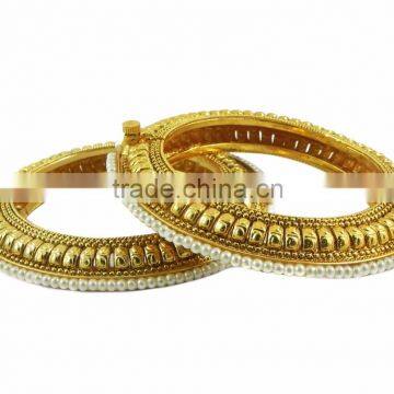 Indian Ethnic Jewelry Polki Bollywood Gold Tone Bangles Bracelets Pearl Set