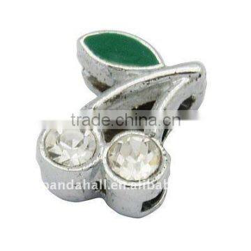 Alloy Rhinestone Slide Charms, Hair Band Decoration, Cherry, Clear and Green, 8.7x11x4.6mm, hole: 1.7x8mm(ALRI-Q141-6)