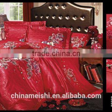 china factory wholesale red rose jacquard silk flat sheet duvet cover pillow case bedroom set for wedding