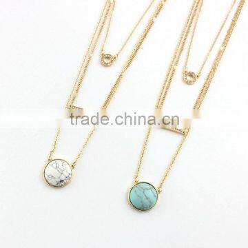 Hot Selling Round Turquoise Stone Crystal Bar 3 Layers Chain Pendant Necklaces For Women