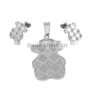 SRS0073 Trend 2016 Silver Mosaic Crystal Setting Stainless Steel Teddy Bear Jewelry Set