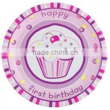 Girl's Cupcake 1st Birthday Plates, 9 inch, pack of 8