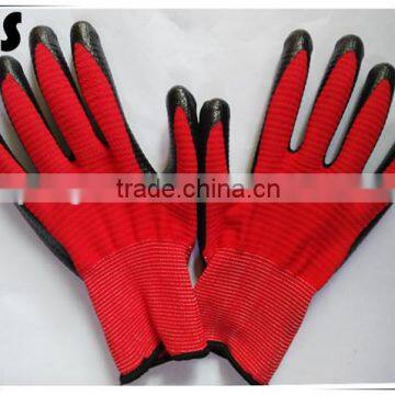 BSSAFETY Black Nitrile Coated Red Nylon Knitted Safety Gloves, Zebra Nitrile Hand Protection Work Gloves