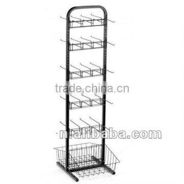 Double Sided Floor Stand Metal Display Shelf with 40 Hooks & 2 Wire Baskets