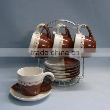 Double glazed 6sets ceramic mug set with metal stand