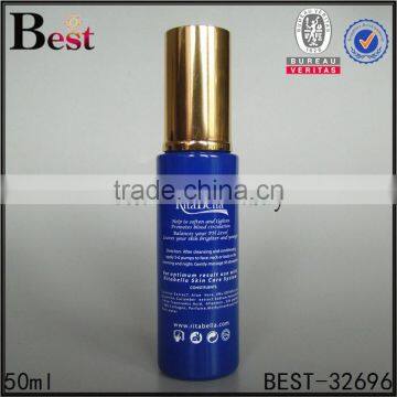 50ml China Hot Products Screen Pringting Cosmetic Lotion Blue Glass Bottle Gold Aluminum Pump and Cap Wholesale photo-4