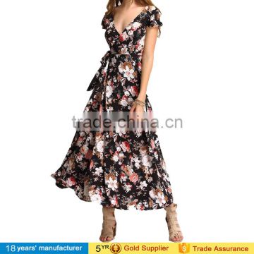 Latest summer ladies flower print wrap self-tie lace-up casual party korean style long dresses 2017