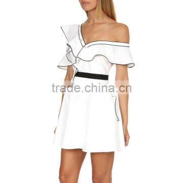 Asymmetrical Ruffle One Shoulder Contrast Pipping Short Dress photo-2