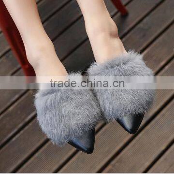 2017 Spring and Autumn Flat With Pointed Rabbit Hair Slippers Baotou Flat Hair Plush Half Autumn Autumn New Lazy Slippers photo-2