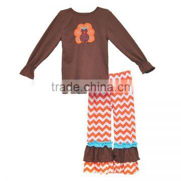 Wholesale long sleeve turkey embroidered girls thanksgiving boutique outfit