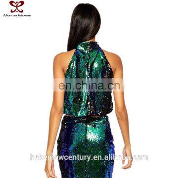 2015 Fahion Dress Luxury Dazzle Variable Malachite Green Sequins Neck Hung All Small Vest Hilum Sleeveless Female Evening Dress photo-2