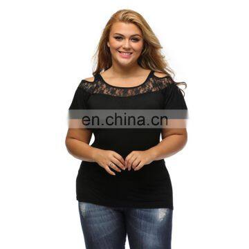 Fashion plus size sexy t shirt fold strapless short sleeve lace women's t shirt