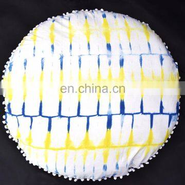 Round Cushion Cover Pillow Case Meditation Ottoman Cover Indian Handmade Abstract Hand Tie Dye Shibori Print Round Pillow Cover