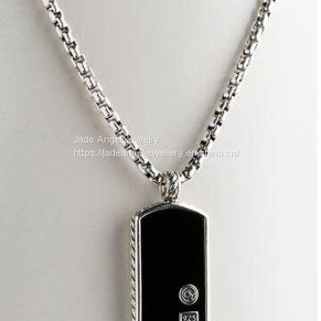 925 Silver Designs Inspired DY  Chevron Black Onyx Dog Tag Men Necklace