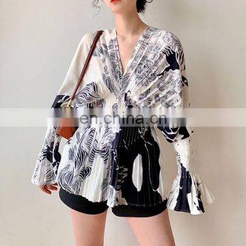 TWOTWINSTYLE Women's Shirts V Neck Flare Long Sleeve Pleated Tunic Large Size Casual Summer Blouses photo-2