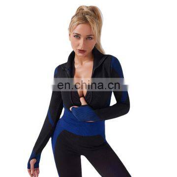 TWOTWINSTYLE  Hit Color Sportswear For Women With Zipper Stand Collar Long Sleeve Slimming