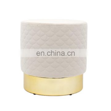 Customized modern round super soft cream velvet upholstered ottoman pouf stool with golden metal base