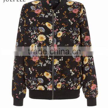Black Floral Print Women Bomber Jacket