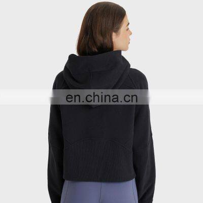 Custom Logo Sports Active Wear Women's Hoodies High Quality Cotton Fleece Oversized Fit Full Zip Up Thumbholes Crop Top Hoodie photo-2