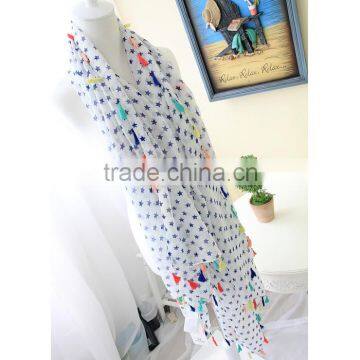 Hot Selling Korean Navy Star Printed Colorful Tassels Fashion Ladies Scarf