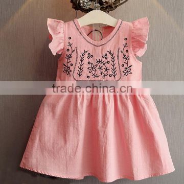 Pink summer girl frock puffy sleeve kid's gown v-neck children's dress wholesale